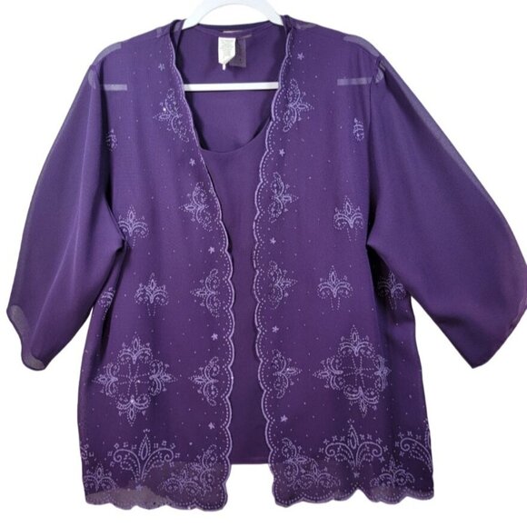 COC Blouse Womens 1X Sheer Beaded Over Jacket Tank Top Purple Open Lightweight - Picture 1 of 14